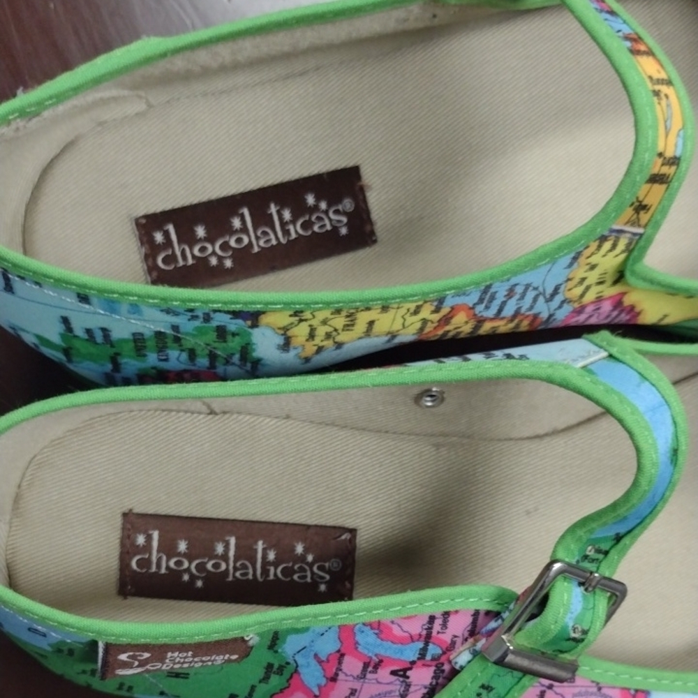 Chocolaticas Mary Jane Green and Blue World Map Flats with Strap, (2004) - Picture 2 of 9